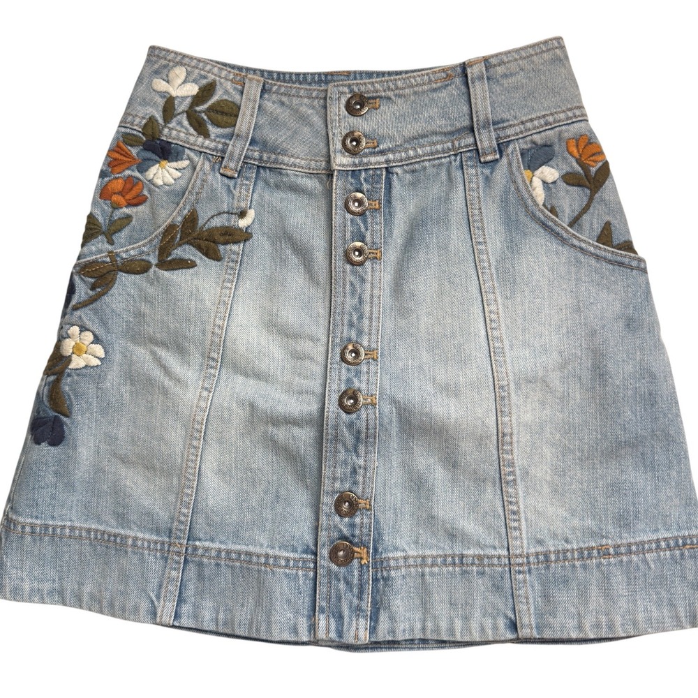 Free People Embroidered Floral Denim Mini Skirt Blue Women Size 24 Boho Button